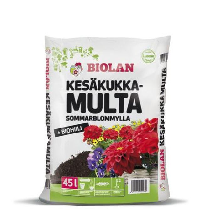 Biolan kesakukkamulta 45 l Biolan Kesakukkamulta on kompostilannoitettu ja kalkittu multaseos, joka on kehitetty erityisesti